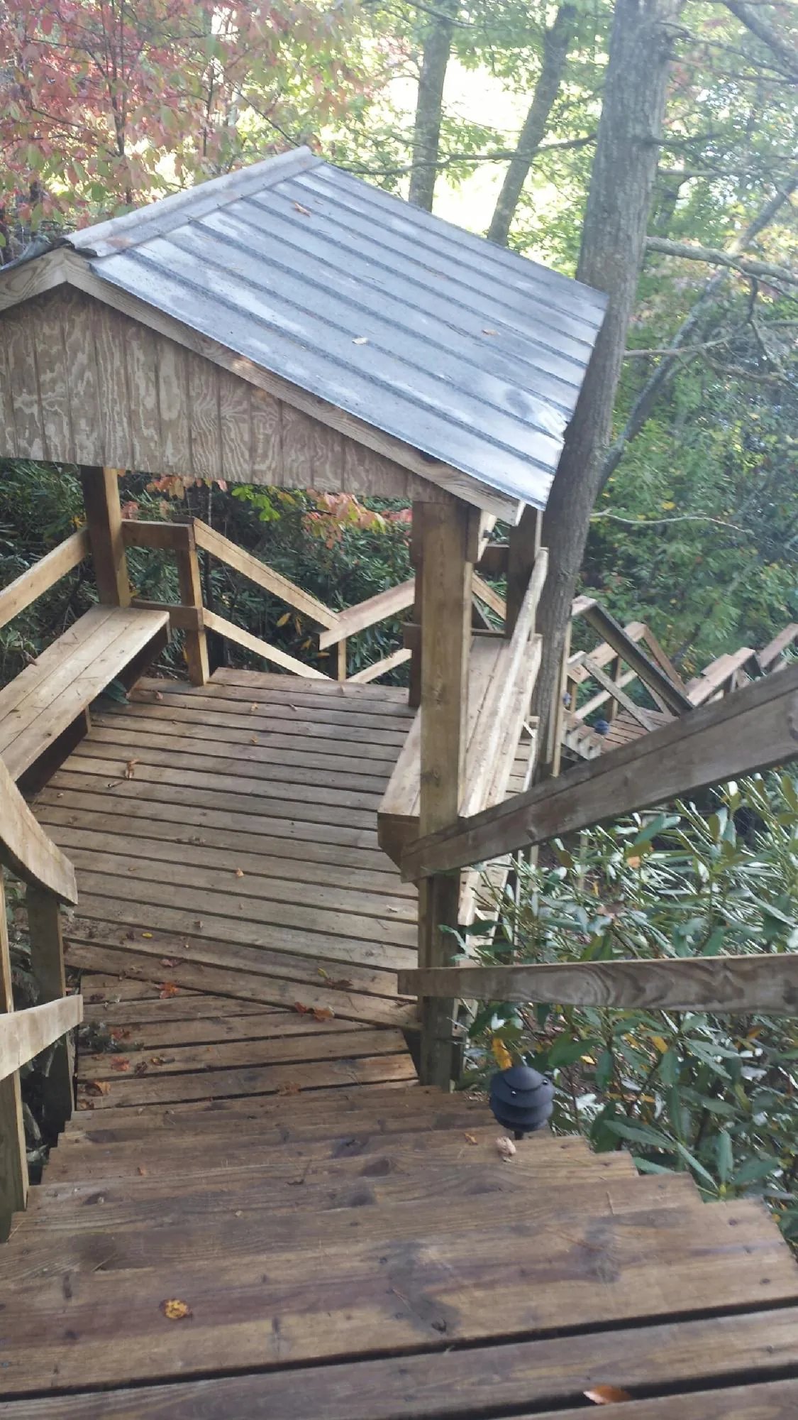 Metal roofed shelter over wooden steps on a wooded walkway — Skylight Repair & Installation work by our crew in Cottontown